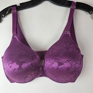 Soma‎ 34D Bra Purple Vanishing Back Full Coverage Lace Trim Underwire Floral
